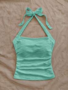 Soleia Camiseta de punto blanca con textura y ajuste ceñido con escote halter para vacaciones de mujer - verde menta - Ver 3