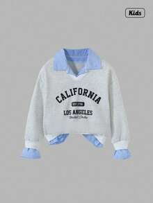 Sweetra Tween Girls' Casual Sweatshirt, Versatile School/Commute Style, 2 In 1 Sweatshirt With Shirt Collar, Numeric & Letter, Leopard Print, Loose Fit Preppy Clothes California Sweatshirt Layered Sweatshirt Aesthetic Clothes Fall Winter - Grey - View 1