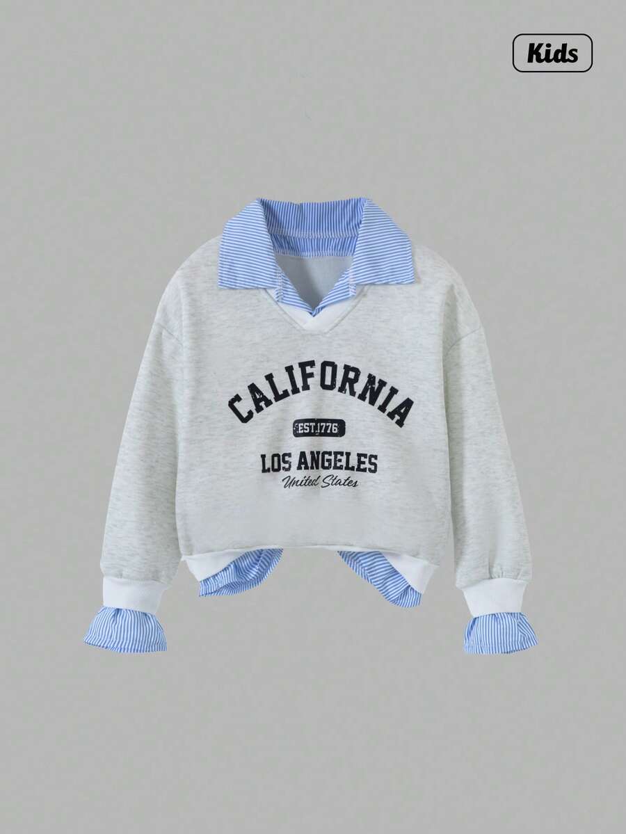 Sweetra Tween Girls' Casual Sweatshirt, Versatile School/Commute Style, 2 In 1 Sweatshirt With Shirt Collar, Numeric & Letter, Leopard Print, Loose Fit Preppy Clothes California Sweatshirt Layered Sweatshirt Aesthetic Clothes Fall Winter - Grey - View 1