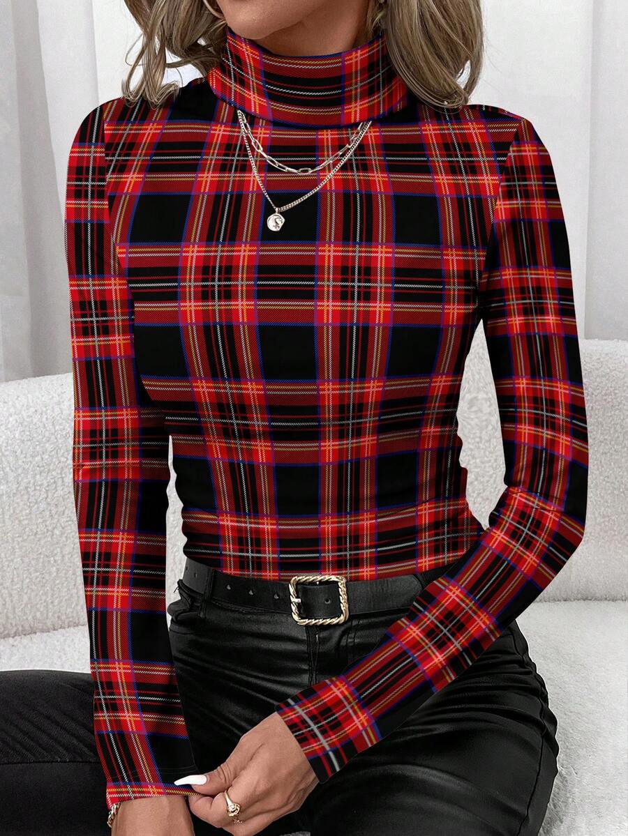 SHEIN Clasi Women's High Neck Black And Red Plaid Print T-Shirt For Autumn,Casual Occasion School Back-To-School Fitted Long Sleeve Tops Minimalist Chic Graphic - Multicolor - View 1