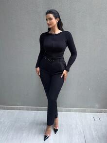 MDEdit Solid Belted Tapered Pants  Fall Cloth For Women - Black - View 1