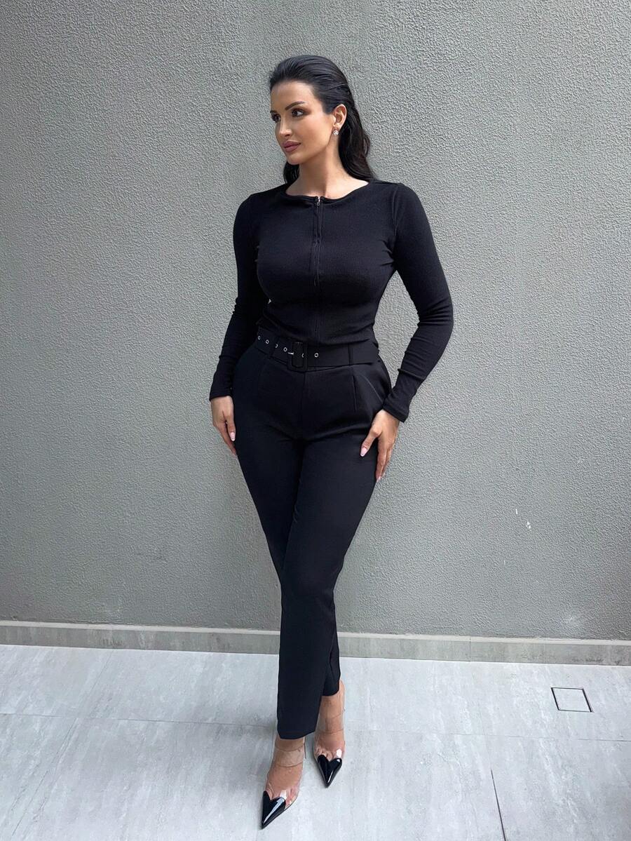 MDEdit Solid Belted Tapered Pants Fall Cloth For Women - Black - View 1