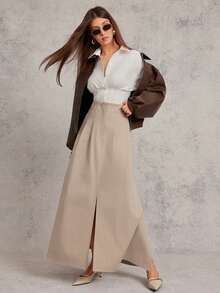 L'Amorae 女士中长款开衩宽裙 商务休闲办公室复古款 - 卡其色 - 查看 6