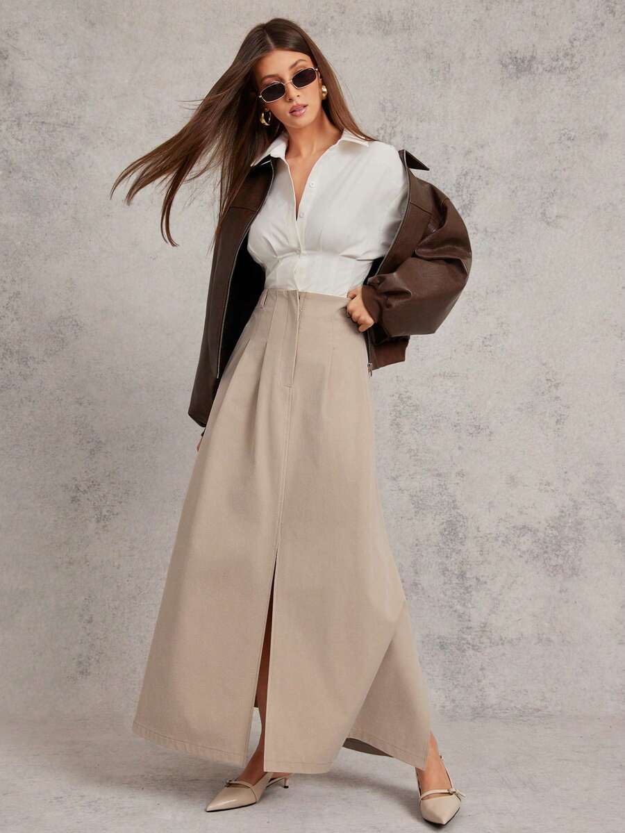 L'Amorae 女士中长款开衩宽裙 商务休闲办公室复古款 - 卡其色 - 查看 1