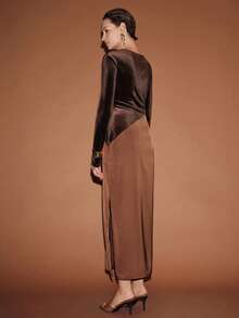 Lumivelle Đầm dự tiệc dài tay thiết kế xẻ tà cổ tròn phối màu thời trang dành cho nữ - màu nâu - Xem 2