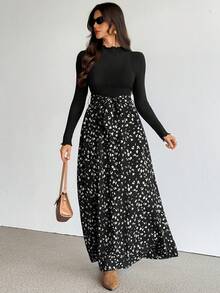 SHEIN Tall Đầm dài tay cổ đứng in hoa thanh lịch dành cho nữ, đầm maxi dài tay, đầm dài thường ngày, đầm maxi in họa tiết động vật, đầm maxi kín đáo, đầm maxi đen thắt eo, quần áo mùa thu cho nữ, đầm mùa thu cho nữ, đầm cho nữ, đầm thanh lịch cho nữ, đầm thanh lịch cho nữ, đầm dài in hoa thanh lịch, đầm dài tay thanh lịch - màu đen - Xem 5