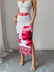 Elenzga Women's Floral Print High Slit Ruched Fashionable Skirt - Hot Pink - View 4