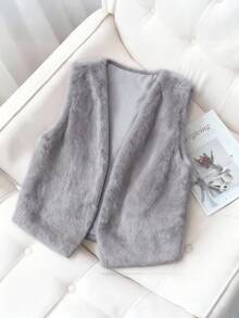 Franclia 女士复古V领短款人造毛皮背心外套，秋季 - 淺灰色 - 查看 1