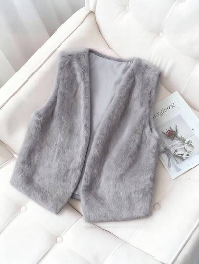 Franclia 女士复古V领短款人造毛皮背心外套，秋季