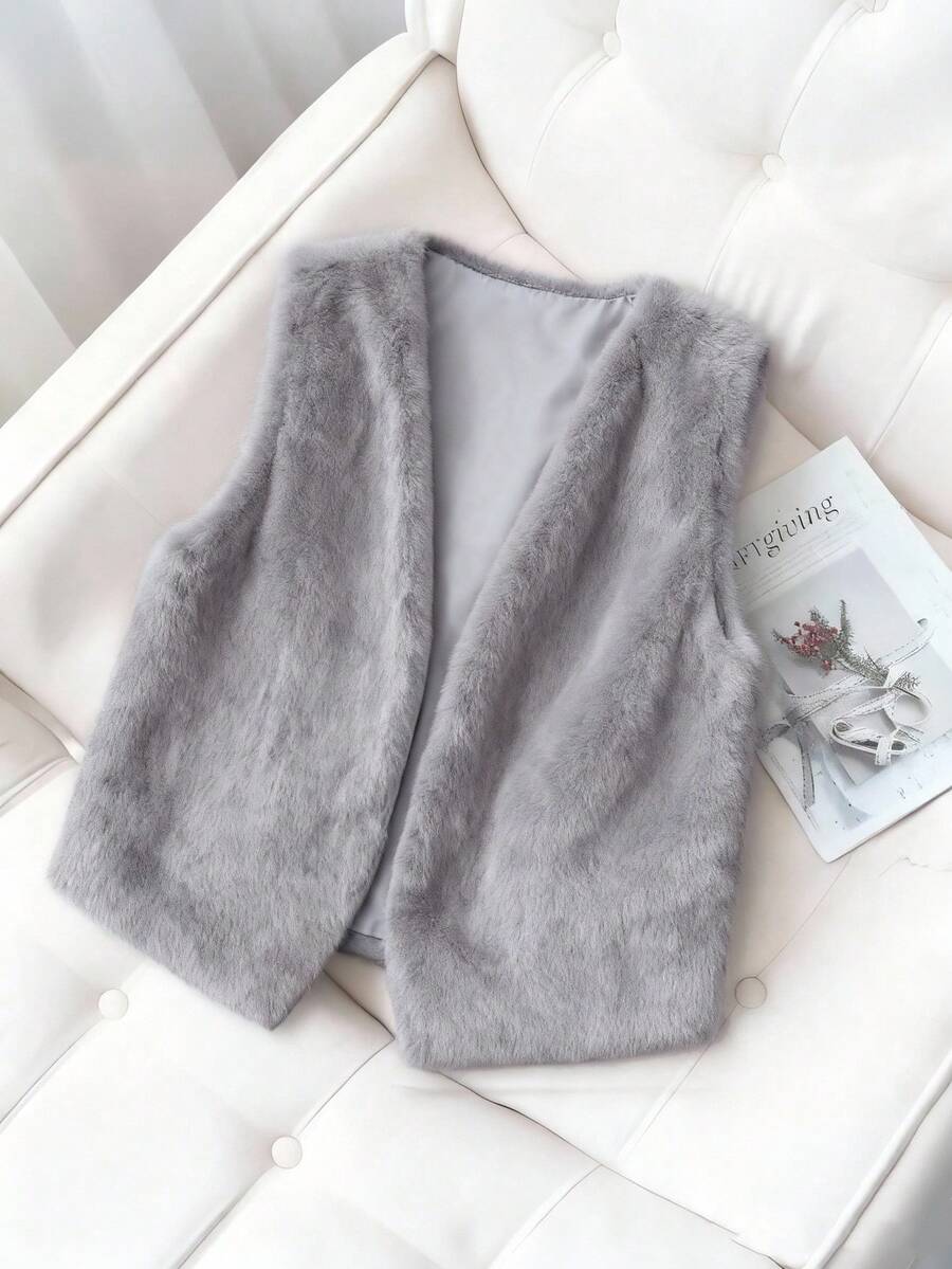 Franclia 女士复古V领短款人造毛皮背心外套，秋季 - 淺灰色 - 查看 1