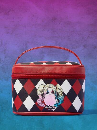 Harley Quinn | ROMWE Borsa cosmetica a quadri con personaggio dei cartoni animati, per riporre articoli da toeletta e trucchi