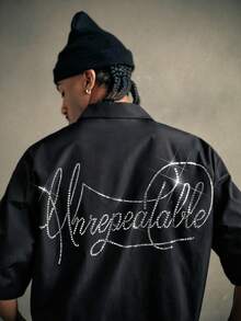 AXEPEAK Men's Loose Rhinestone Embellished Short Sleeve Shirt - Black - View 7