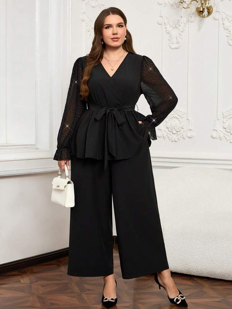 Plus Size Women's Elegant V-Neck Rhinestone Splice Ruffle Sleeve Belted Top And Wide Leg Pants 2 Piece Set, Suitable For Work And Commute, Spring/Autumn Winter Outfit For Women Christmas Outfit For Women New Year Clothes Elegant Party Set Blouse And Pants Set  Professional Clothes Women Sets Plus Size Club Outfit Plus Size Concert Outfit Plus Size Party Outfit Spring Break Outfits