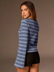 SHEIN Forever 21 女士条纹印花圆领休闲百搭长袖T恤 - 藍色 - 查看 3