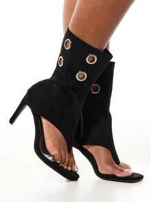 SUMWON Knee High Stiletto Boots With Side Zipper And Metal Grommet Detailing Open Toe Design For Christmas - Black - View 4