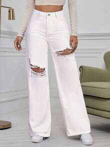 SHEIN ICON Washed Denim Blue High Waist Ripped Wide Leg Jeans - White - View 4