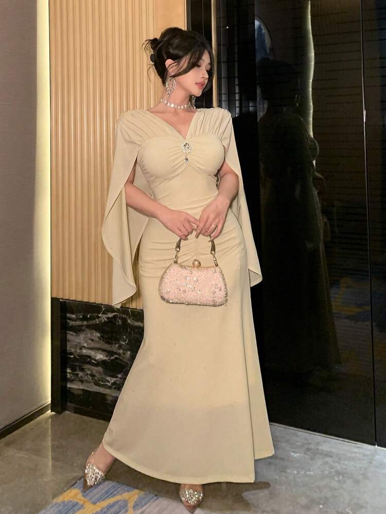 Women's V-Neck Rhinestone Buckle Decor Waist Cinching Dolman Sleeve Elegant Dress Maxi Dress Sundress Cocktail Dress