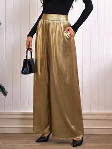 Louniche 女士高腰阔腿裤，带口袋，亮金色面料，派对风格，秋季款 - 金色 - 查看 5