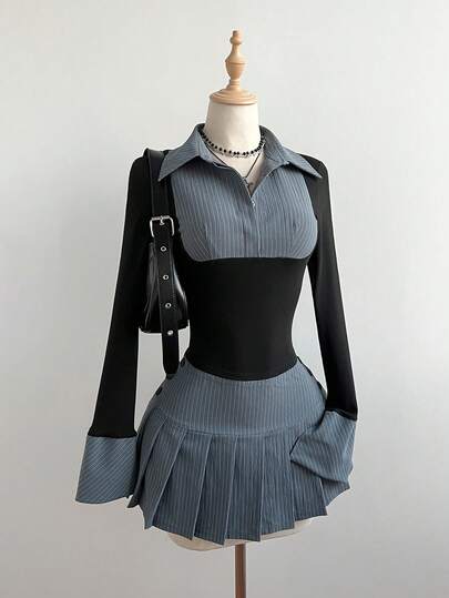 Elamini 2pcs Women Elegant Outfit, Waist Cinched Striped Patchwork Top And Pleated Striped Skirt Set, Casual Stylish For Daily Commute And Outings, Autumn/Winter