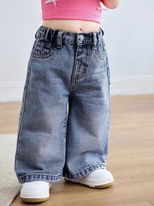 SHEIN 女婴蓝色宽松直筒牛仔裤 - 深色水洗藍 - 查看 4