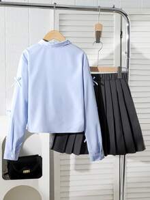 SHEIN Tween Girl Elegant Bow Decor Shirt & Pleated Skirt Set - Multicolor - View 2