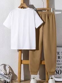 SHEIN 2pcs Kids/Tween Boys Casual Everyday Comfortable Letter Print Pattern Crew Neck Loose Pullover Short Sleeve T-Shirt And Solid Color Relaxed Fit Pants Set Boy Casual Sets Boys Casual Pants Suit Outfit For 12 Years Old - Multicolor - View 2