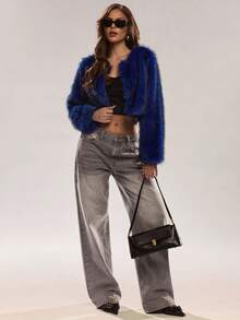 Glamine Women's Fashionable Cropped Parka Jacket For Winter Fur Jacket Blue Sweater Fur Top Blue Clothes Women Faux Fur Jacket - Royal Blue - View 3