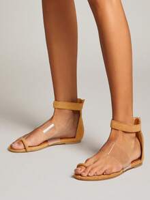SHUZIA Sandalias planas de mujer minimalistas y cómodas con anillo para el dedo y correa al tobillo - Camel - Ver 5