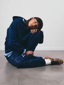 SURIMA 2pcs Casual Minimalist Navy Blue Hooded Long Sleeve Embroidered Loose Fit Women Set, Suitable For Spring/Autumn - Navy Blue - View 4