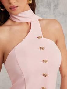 L'Amorae Áo ghi lê bất đối xứng dành cho nữ kèm khăn quàng cổ, trang phục công sở thường ngày - Màu Hồng baby - Xem 2