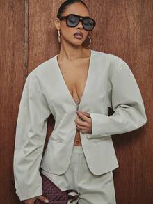 Hauture Women's Zip Front Barrel Sleeve Blazer - 卡其色 - 查看 4