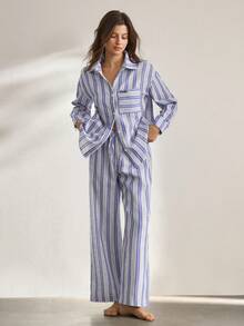 Ocili Women's Comfortable Cotton Striped Basic Casual Chic Autumn Easy Comfort Autumn Slumber Lounge Set, Winter Clothes - Blue and White - View 4