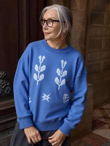 Vivie Lora كنزة صوفية كاجوال مريحة للنساء بياقة مستديرة وأكمام طويلة، بنمط نباتي مُحبوك، وكتف منخفض، مناسبة للخريف والشتاء - الأزرق - مشاهدة 5