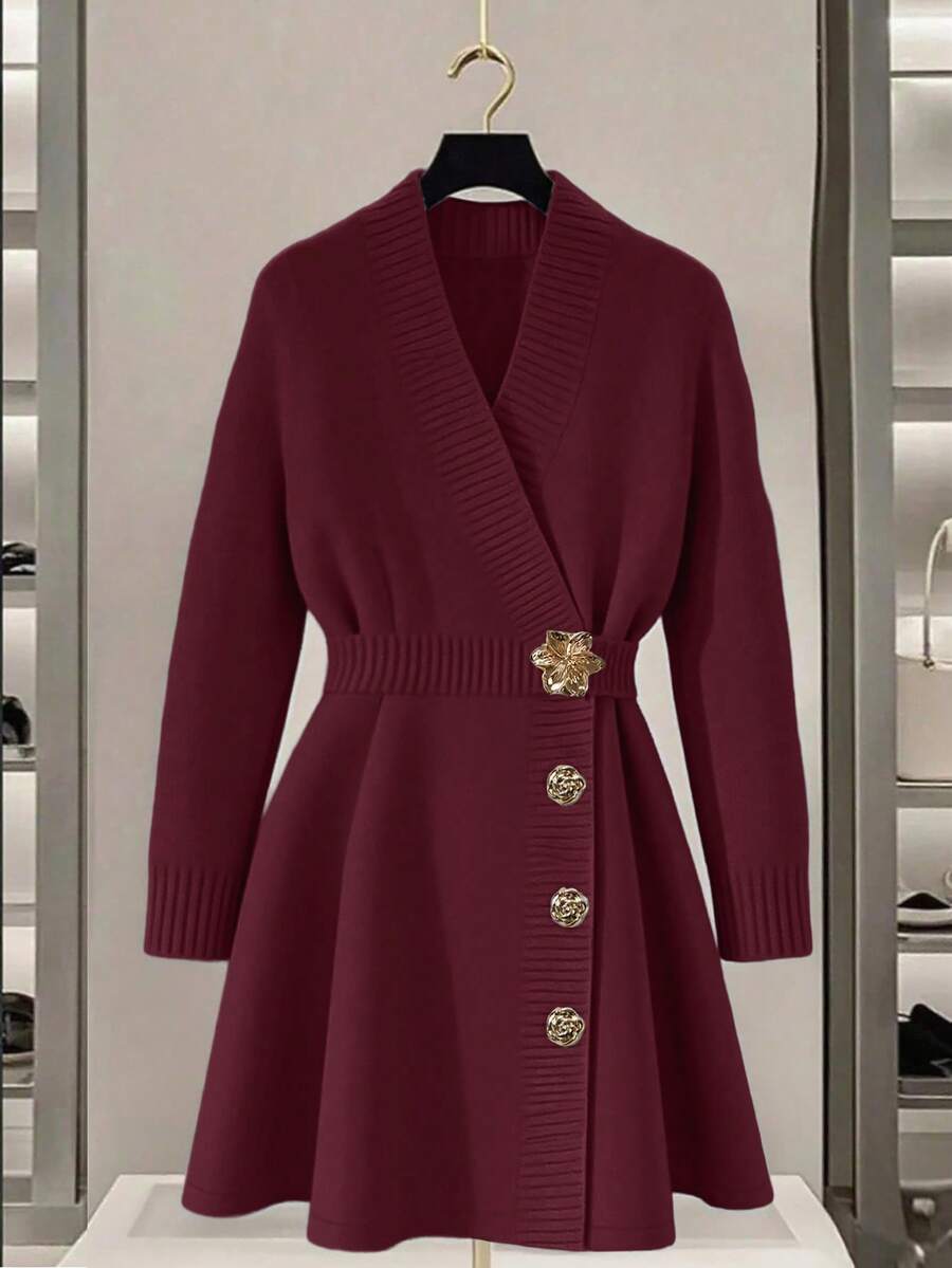 SHEIN Franclia New Autumn V-Neck Waist Cinched Knitted A-Line Dress, Elegant And Intellectual - Burgundy - View 1