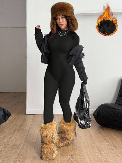 Coolane Women's Winter Streetwear Going Out Basic Ski Wear Athleisure Sportswear Warm/ Cold Weather/ Thermal Stretchy Comfortable Long Sleeve High Neck Black Ski Wear Romper