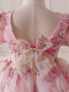 SHEIN Glamorique Kids 小女孩公主裙，花卉印花，蝴蝶结装饰，泡泡袖，适合生日派对、婚礼、节日、舞会等场合。 - 粉色 - 查看 3