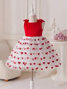 SHEIN Glamorique Kids Girl's Princess Dress, White Mesh, Red Heart Glitter Print, Bow, Valentine's Day, Valentine's Day, Vacation, Partywear ,Valentine's Day,Birthday Dress, New Year's Day, Birthday Party, Wedding Festival Dress, Gorgeous Dress, Middle East, Europe And America - White - View 8