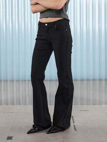 COUREZ Low Rise Skinny Flared Jeans In Black, Y2K Going Out Party Sexy Streetwear - Black - View 4