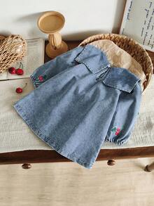 SHEIN Vintaside Kids 女婴时尚翻领刺绣长袖水洗牛仔连衣裙，夏季 - 淺藍色 - 查看 2