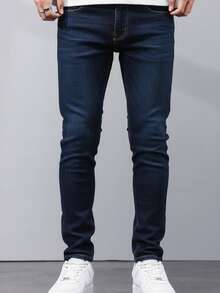 Pantalones para hombre casual modernos denim azul diseño lavado slim cintura media cinco bolsillos largo invierno primavera oficina diario jeans - Azul - Ver 1