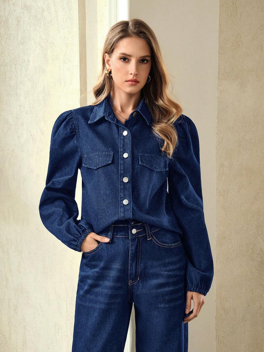 Selenza Women's Fashion Commuter Puff Sleeve Denim Blouse - Dark Wash - View 1