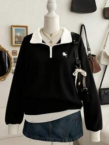 Lalippa Plus Size Contrast Color Embroidery Casual Pullover Pullover Sweatshirt Fall - Black - View 1