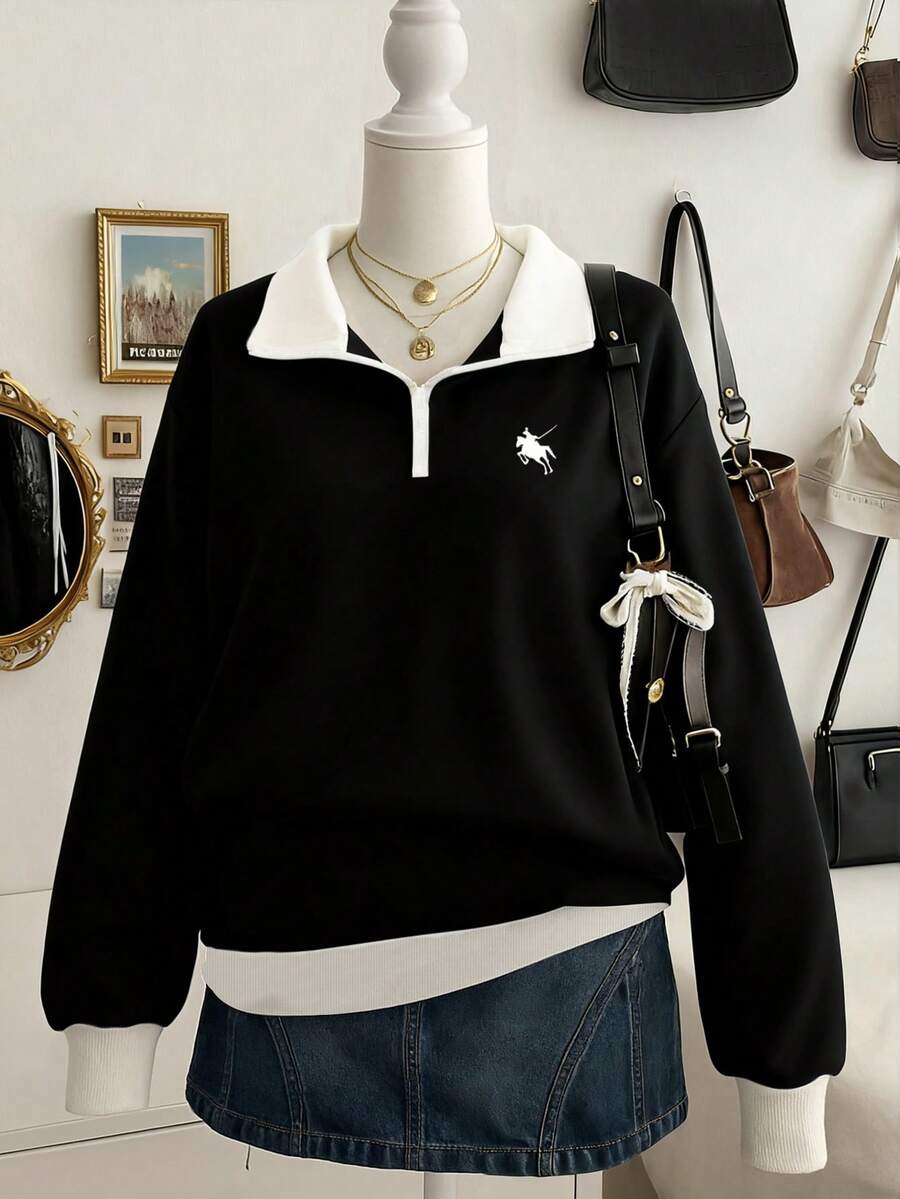 Lalippa Plus Size Contrast Color Embroidery Casual Pullover Pullover Sweatshirt Fall - Black - View 1