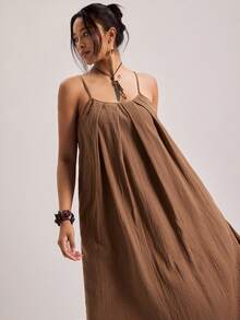 Freevana 大码纯色口袋休闲百搭吊带连衣裙 - 駝色 - 查看 7