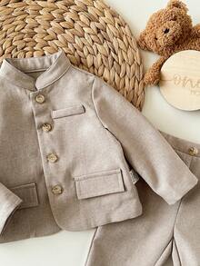 Ensemble chemise à manches longues et pantalon à taille élastique casual et mignon pour bébé garçon, couleur abricot - Kaki - Voir 4