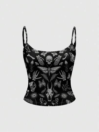 Gothic Dark Skeleton, Plant, Moon & Star, Butterfly Print Low-Cut Camisole For Women