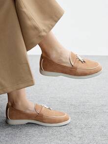 CUCCOO BIZCHIC 女士仿麂皮舒适一脚蹬乐福鞋，休闲平底鞋，适合通勤、户外、工作、日常穿着 - 杏色 - 查看 3