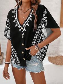 SHEIN LUNE Women's Printed Deep V-Neck Batwing Sleeve Shirt - Multicolor - View 5