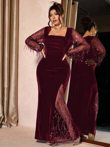 Cravure 加大码女式方领弹力紧身裤，黑色天鹅绒面料，饰以金属蕾丝和亮片，奢华派对必备，长袖，开衩下摆，及膝以上，适合秋冬季节，优雅派对风格，长款蕾丝连衣裙 - 酒紅色 - 查看 4