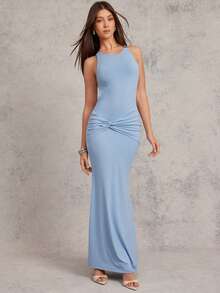 L'Amorae Elegant Low Back Pleated Twist Sleeveless Summer Maxi Dress - Blue - View 2